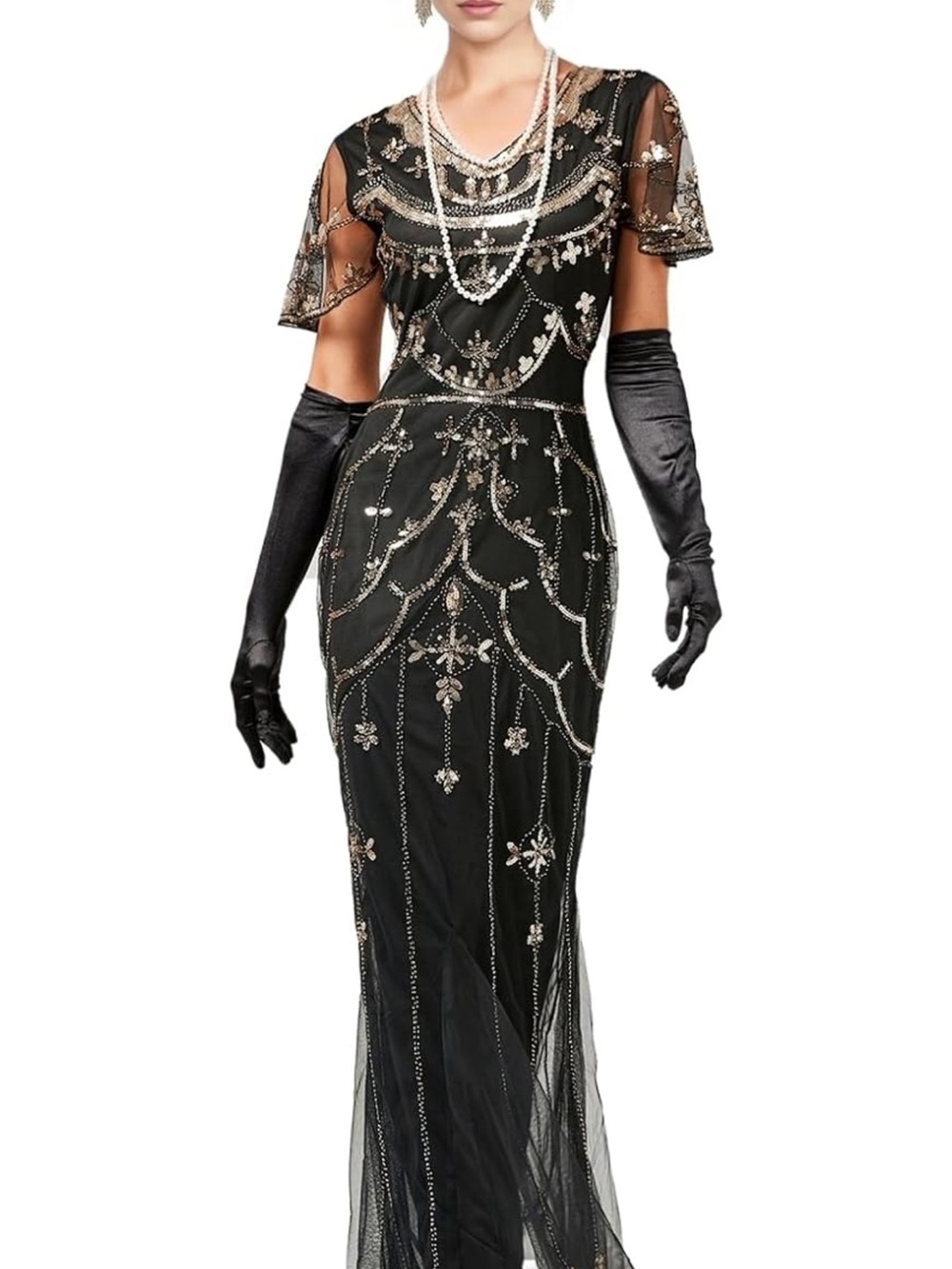 1920s Black & Gold Sequin Mermaid Flapper Gatsby Dress + Peacock Headpiece